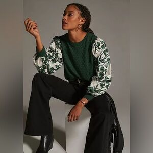 Anthropologie Green Textured Blouse with Patterned Sleeves